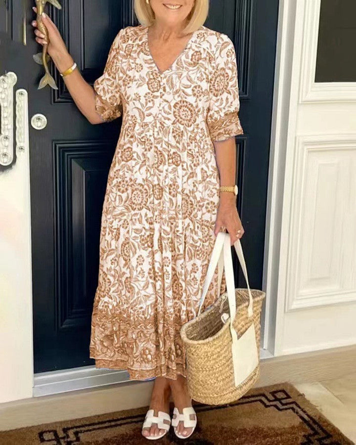 Carolyn | Chic Floral Print Holiday Dress with Tiered Midi Skirt