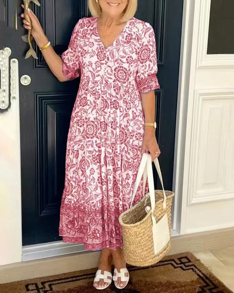 Carolyn | Chic Floral Print Holiday Dress with Tiered Midi Skirt