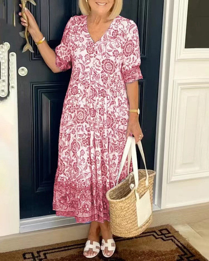 Carolyn | Chic Floral Print Holiday Dress with Tiered Midi Skirt