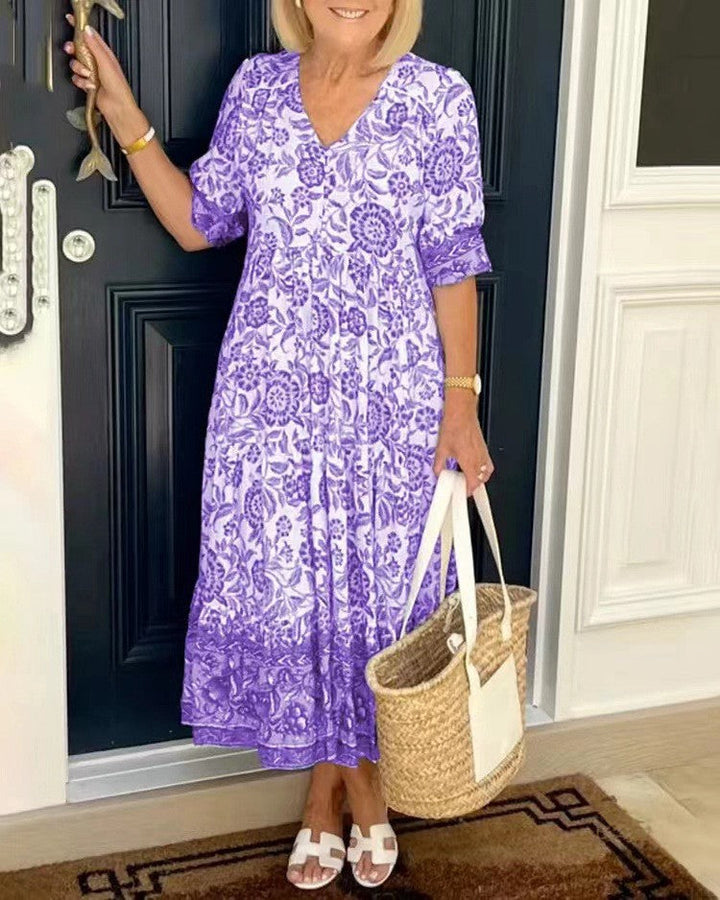Carolyn | Chic Floral Print Holiday Dress with Tiered Midi Skirt