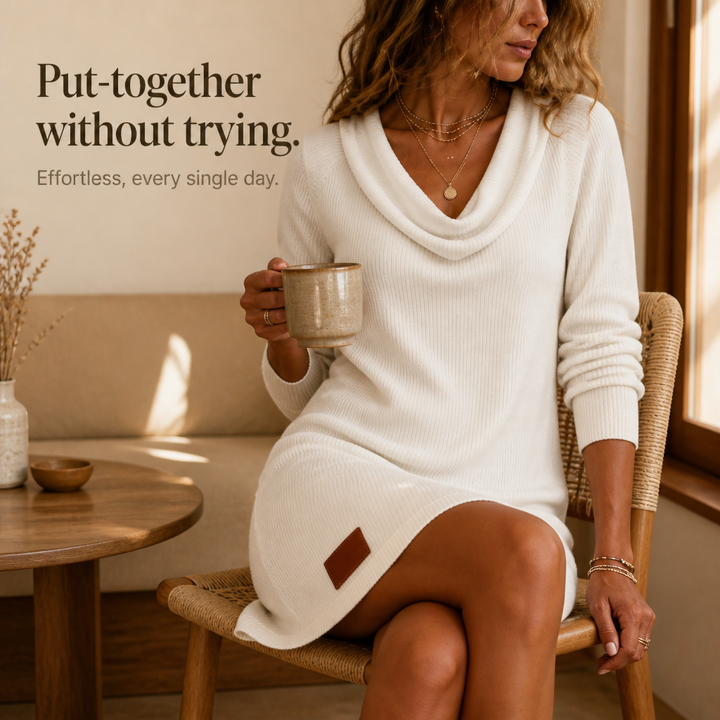 Cheryl | Polished Cowl Neck Ribbed Knit Winter Dress