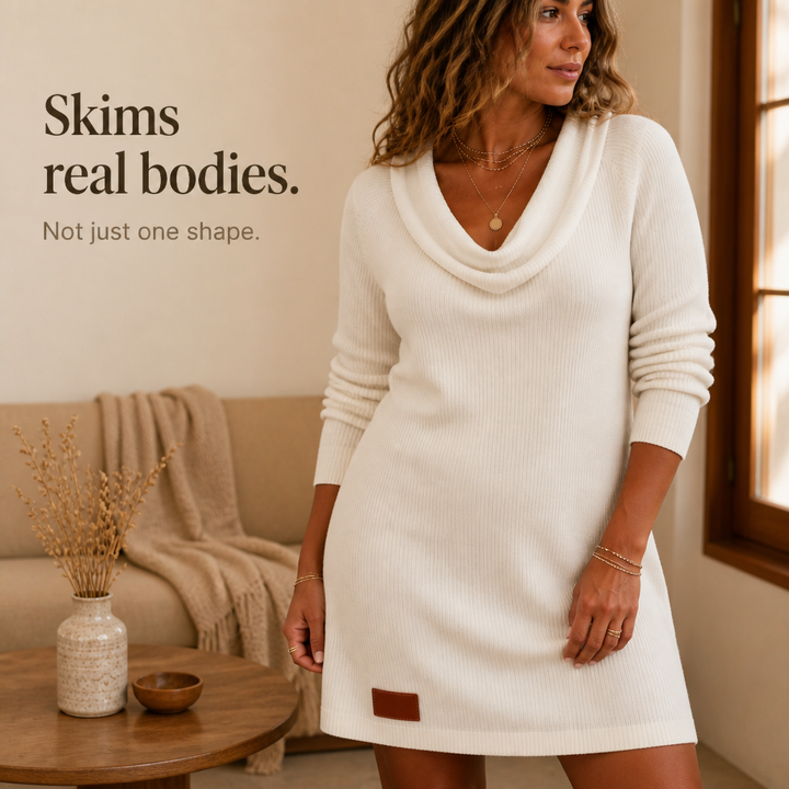 Cheryl | Polished Cowl Neck Ribbed Knit Winter Dress