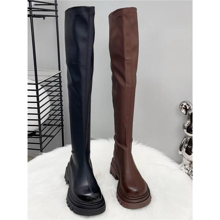 Cheryl | Polished Thigh High Stretch Boots with Platform Sole