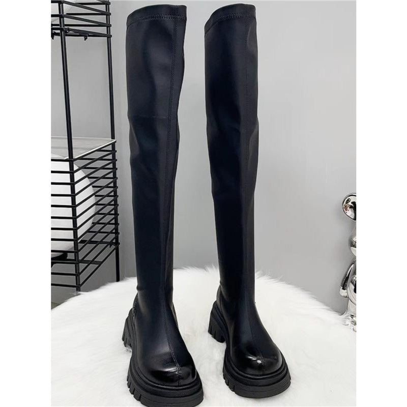 Cheryl | Polished Thigh High Stretch Boots with Platform Sole