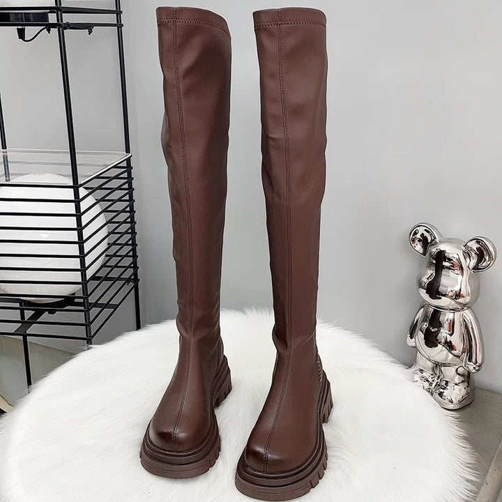 Cheryl | Polished Thigh High Stretch Boots with Platform Sole