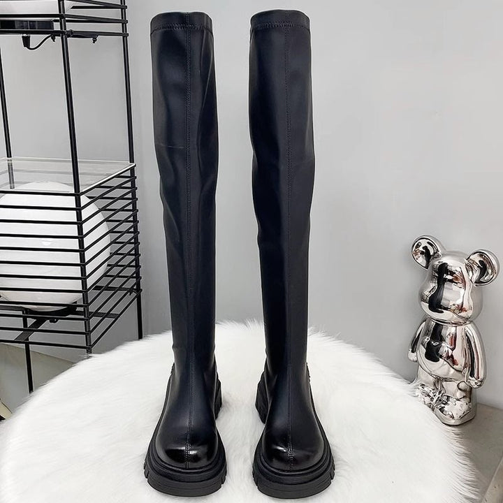 Cheryl | Polished Thigh High Stretch Boots with Platform Sole