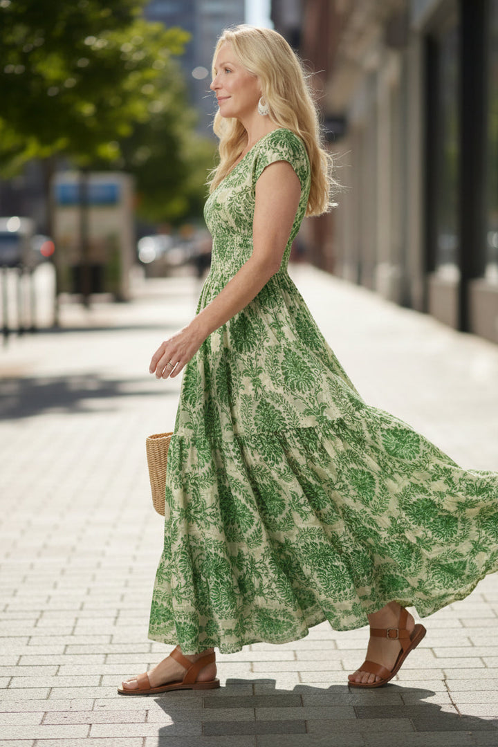 Christina | Graceful Printed V-Neck Maxi Holiday Dress
