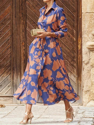 Christina | Polished Floral Print Belted Shirt Midi Dress