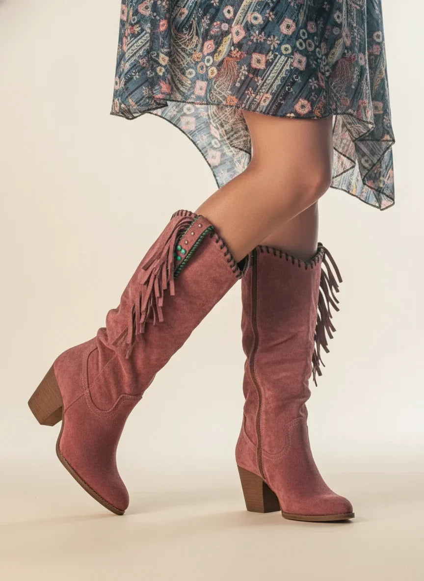 Christine | Timeless Fringe Knee High Boots with Block Heel