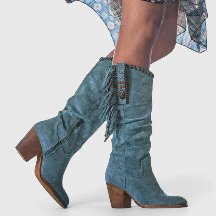 Christine | Timeless Fringe Knee High Boots with Block Heel