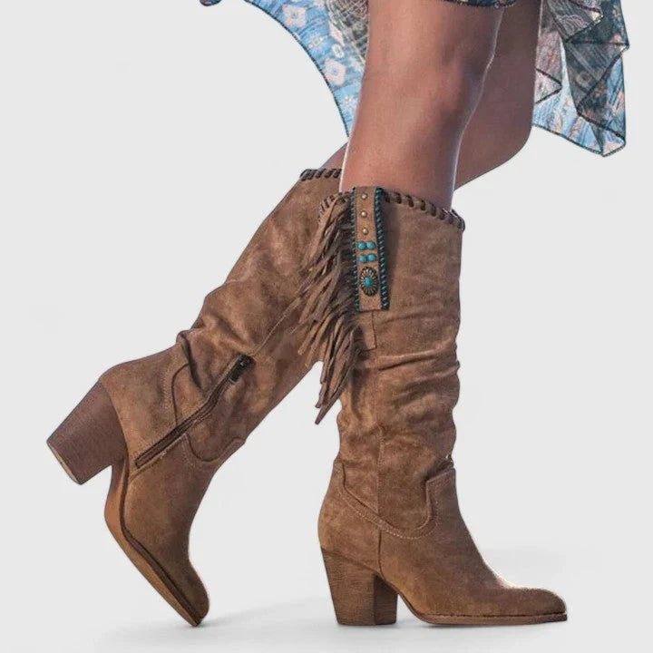 Christine | Timeless Fringe Knee High Boots with Block Heel