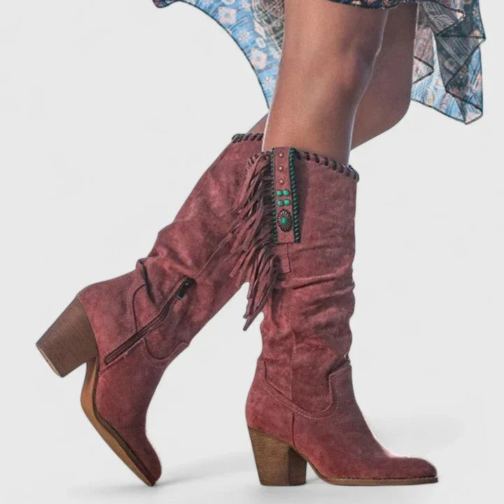 Christine | Timeless Fringe Knee High Boots with Block Heel