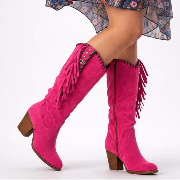 Christine | Timeless Fringe Knee High Boots with Block Heel