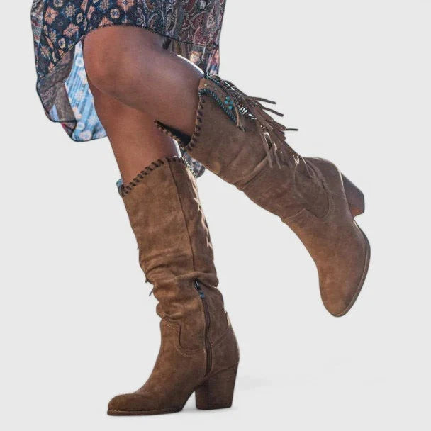 Christine | Timeless Fringe Knee High Boots with Block Heel