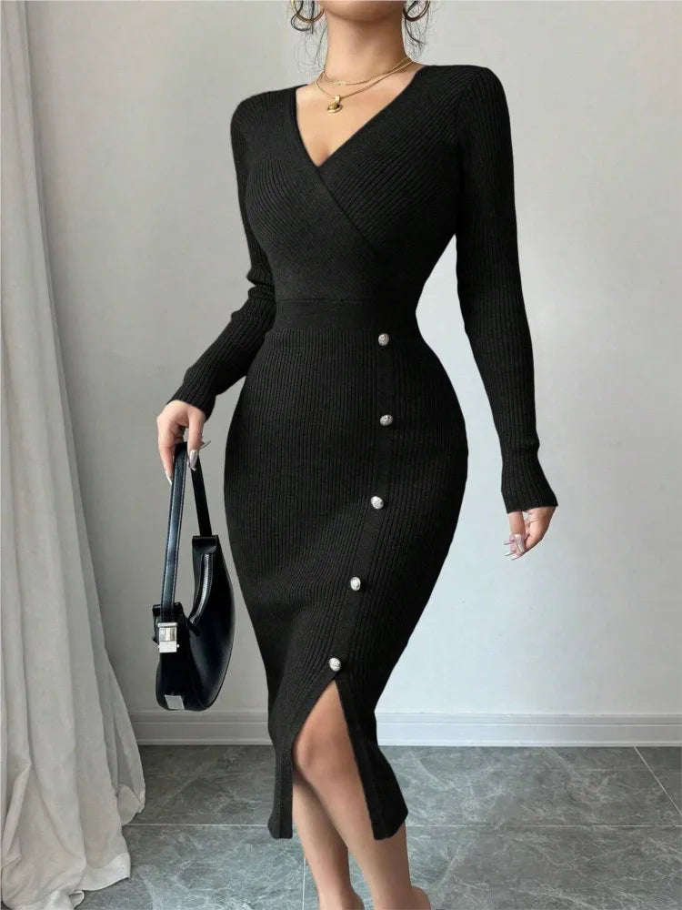 Cynthia | Chic Ribbed Knit Wrap Sweater Dress with Side Slit