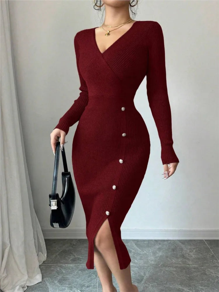 Cynthia | Chic Ribbed Knit Wrap Sweater Dress with Side Slit