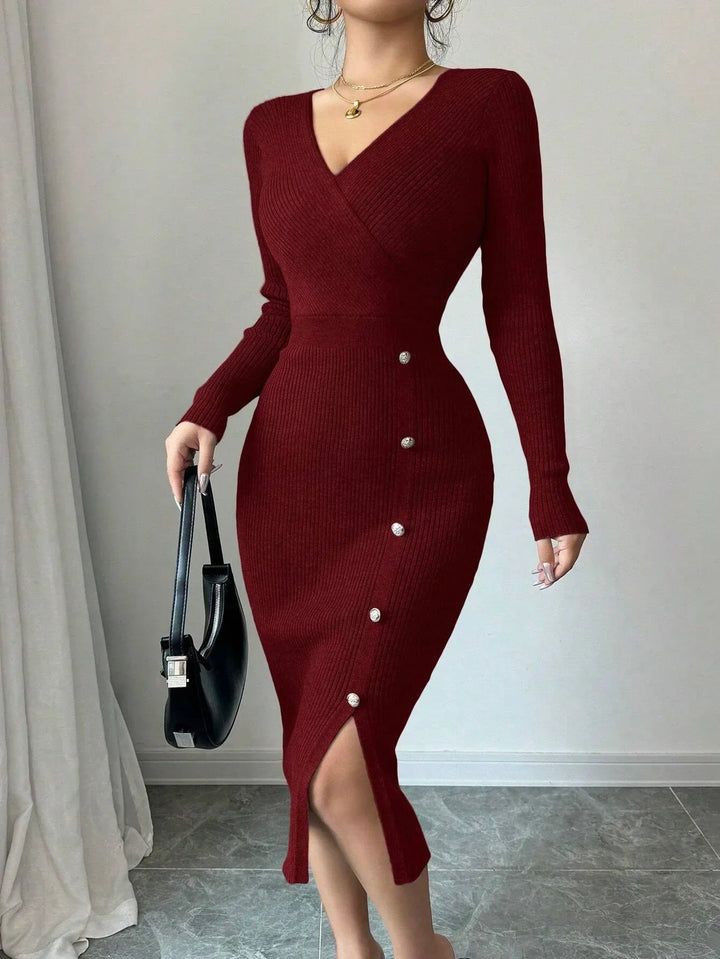Cynthia | Chic Ribbed Knit Wrap Sweater Dress with Side Slit