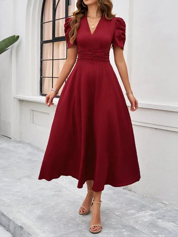 Cynthia | Relaxed Puff Sleeve Fall Wedding Guest Midi Dress