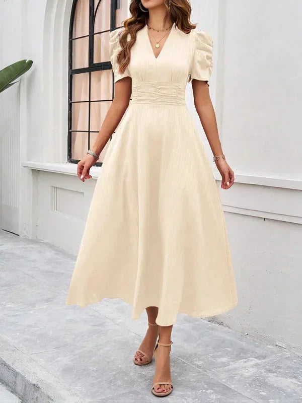 Cynthia | Relaxed Puff Sleeve Fall Wedding Guest Midi Dress