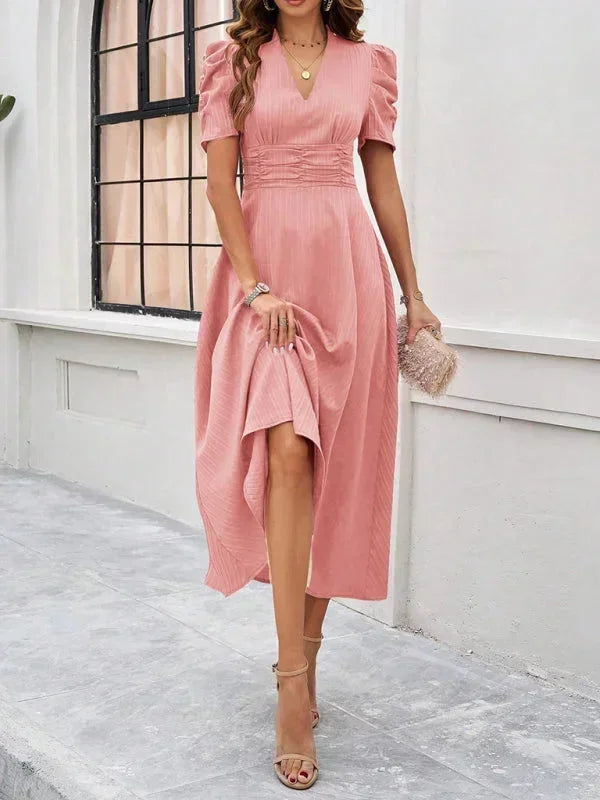 Cynthia | Relaxed Puff Sleeve Fall Wedding Guest Midi Dress