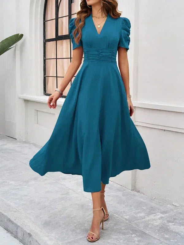 Cynthia | Relaxed Puff Sleeve Fall Wedding Guest Midi Dress