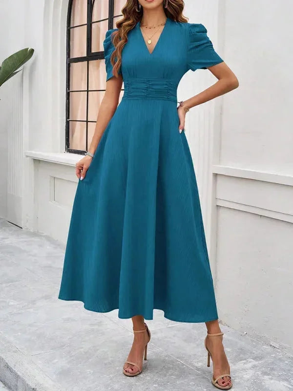 Cynthia | Relaxed Puff Sleeve Fall Wedding Guest Midi Dress