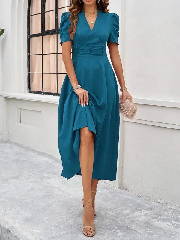 Cynthia | Relaxed Puff Sleeve Fall Wedding Guest Midi Dress