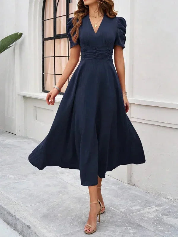 Cynthia | Relaxed Puff Sleeve Fall Wedding Guest Midi Dress