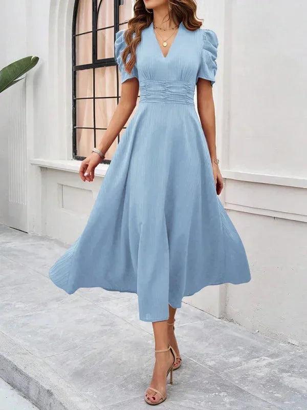 Cynthia | Relaxed Puff Sleeve Fall Wedding Guest Midi Dress
