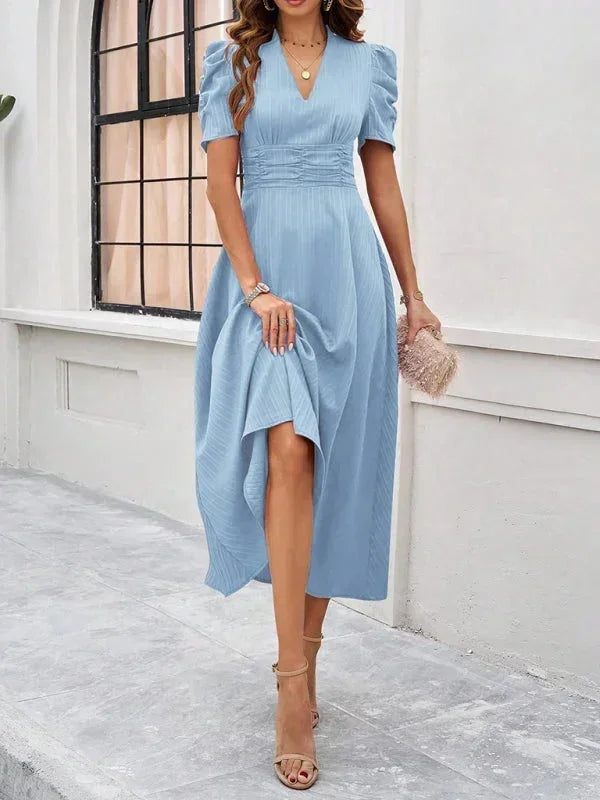 Cynthia | Relaxed Puff Sleeve Fall Wedding Guest Midi Dress