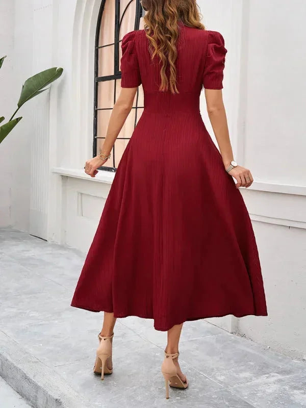Cynthia | Relaxed Puff Sleeve Fall Wedding Guest Midi Dress