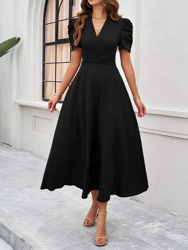 Cynthia | Relaxed Puff Sleeve Fall Wedding Guest Midi Dress