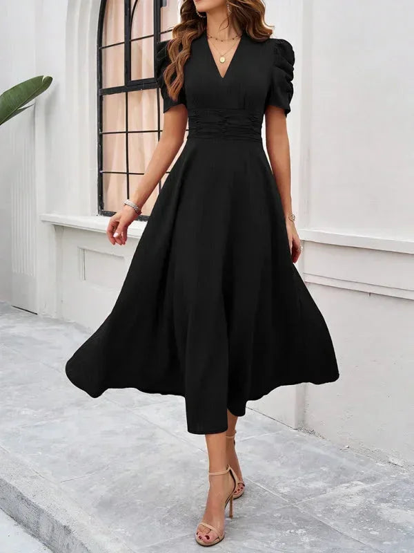 Cynthia | Relaxed Puff Sleeve Fall Wedding Guest Midi Dress