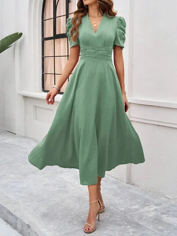 Cynthia | Relaxed Puff Sleeve Fall Wedding Guest Midi Dress