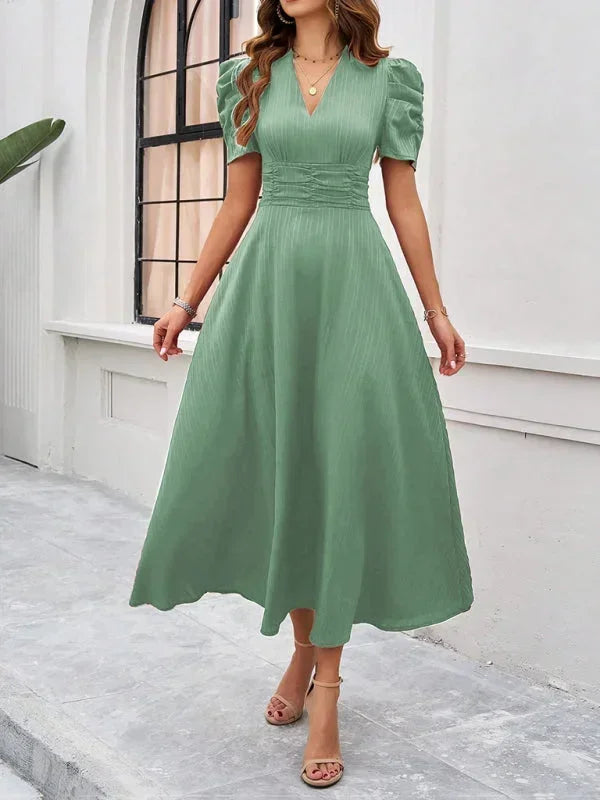 Cynthia | Relaxed Puff Sleeve Fall Wedding Guest Midi Dress
