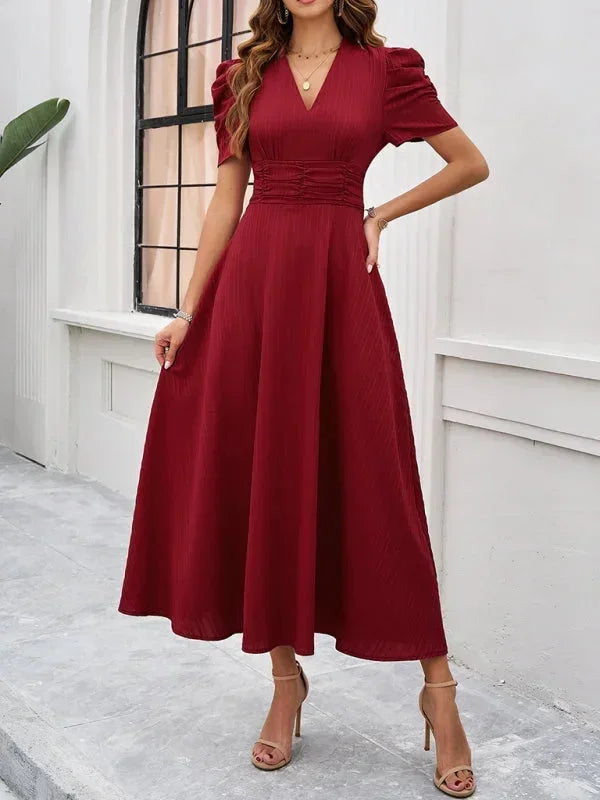 Cynthia | Relaxed Puff Sleeve Fall Wedding Guest Midi Dress