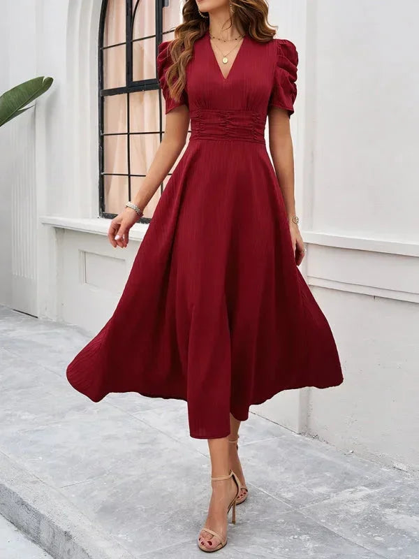 Cynthia | Relaxed Puff Sleeve Fall Wedding Guest Midi Dress