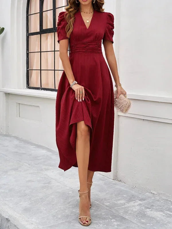 Cynthia | Relaxed Puff Sleeve Fall Wedding Guest Midi Dress