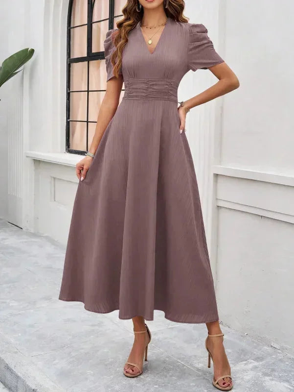 Cynthia | Relaxed Puff Sleeve Fall Wedding Guest Midi Dress