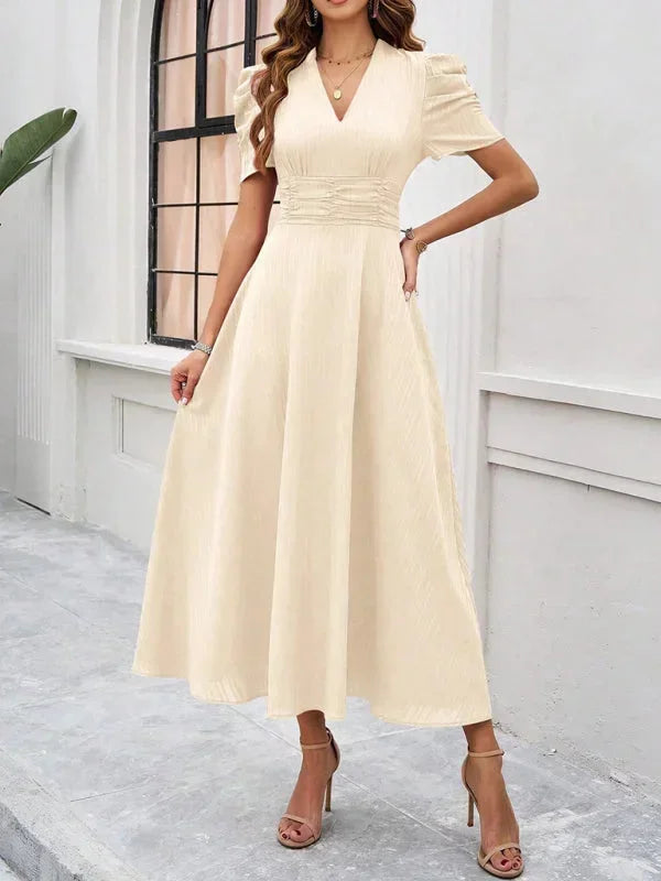 Cynthia | Relaxed Puff Sleeve Fall Wedding Guest Midi Dress