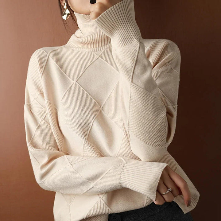 Cynthia | Relaxed Ribbed Turtleneck Sweater with Argyle Knit Detail