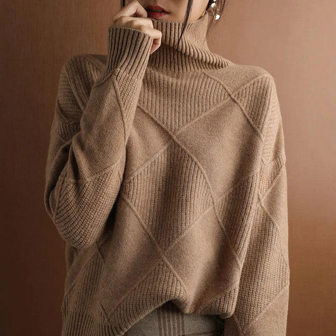 Cynthia | Relaxed Ribbed Turtleneck Sweater with Argyle Knit Detail