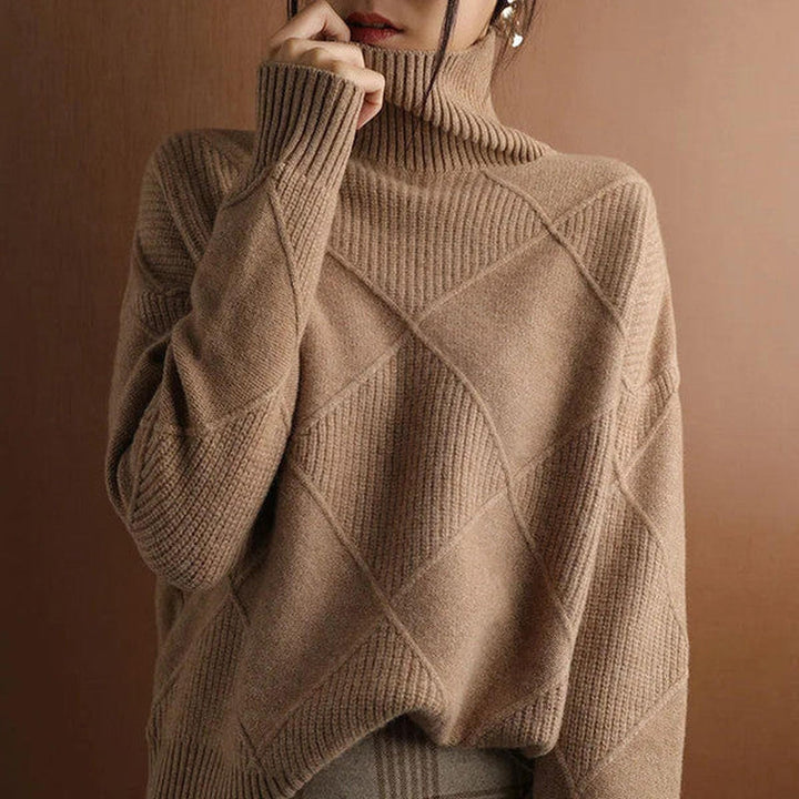 Cynthia | Relaxed Ribbed Turtleneck Sweater with Argyle Knit Detail