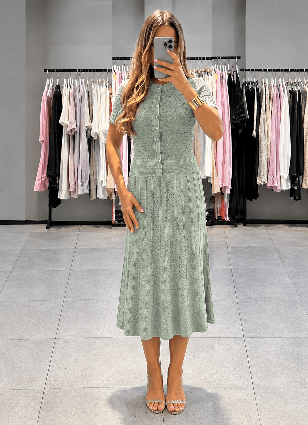 Cynthia | Sophisticated Button-Front Crochet Knit Sweater Dress