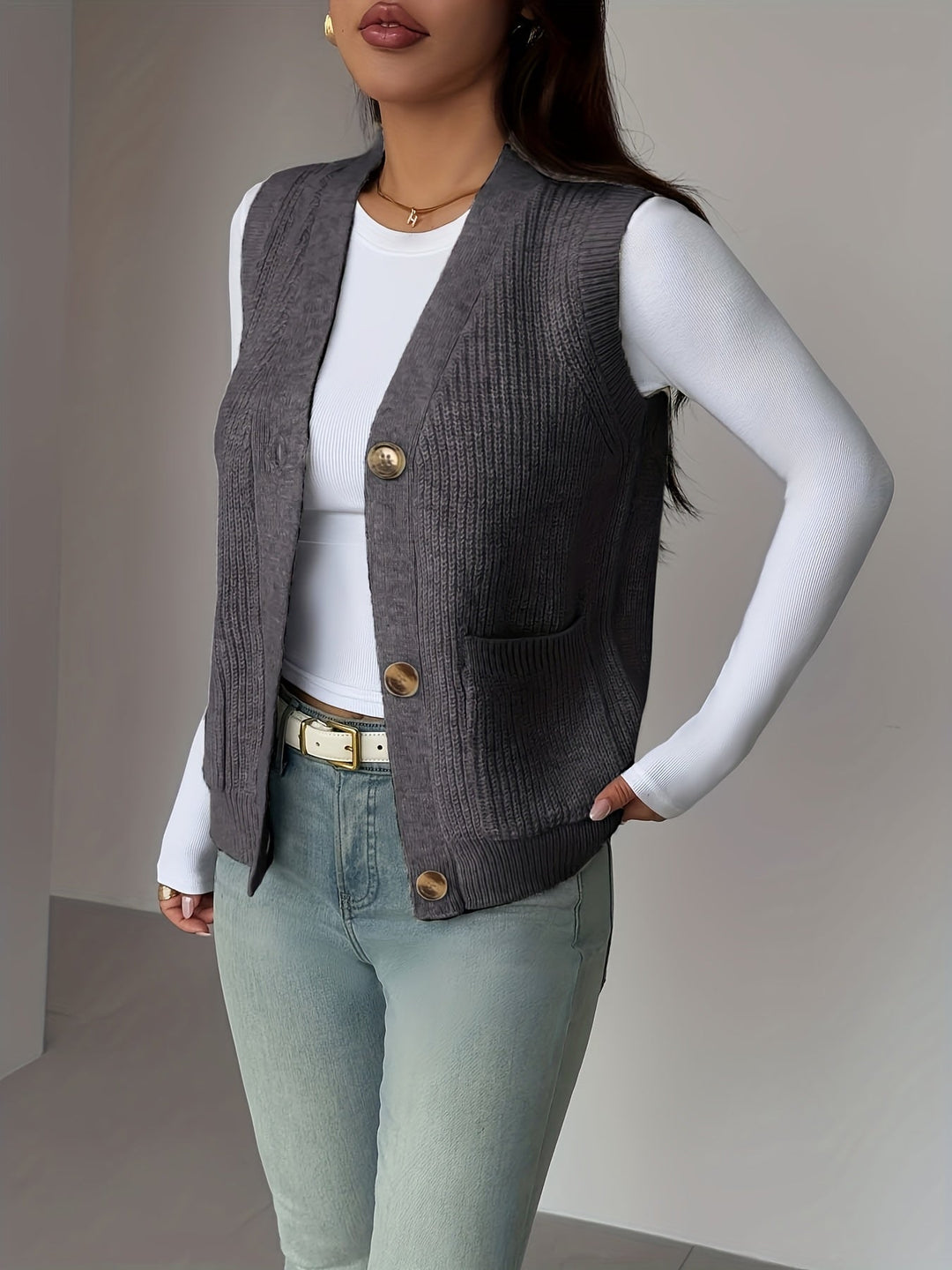Deborah | Chic Buttoned V-Neck Knit Sweater Vest