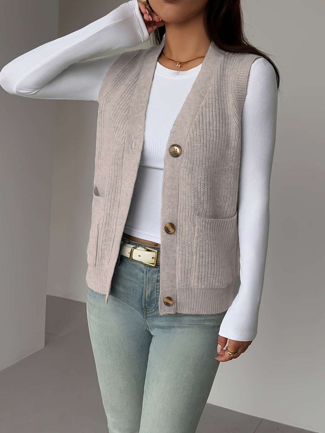 Deborah | Chic Buttoned V-Neck Knit Sweater Vest