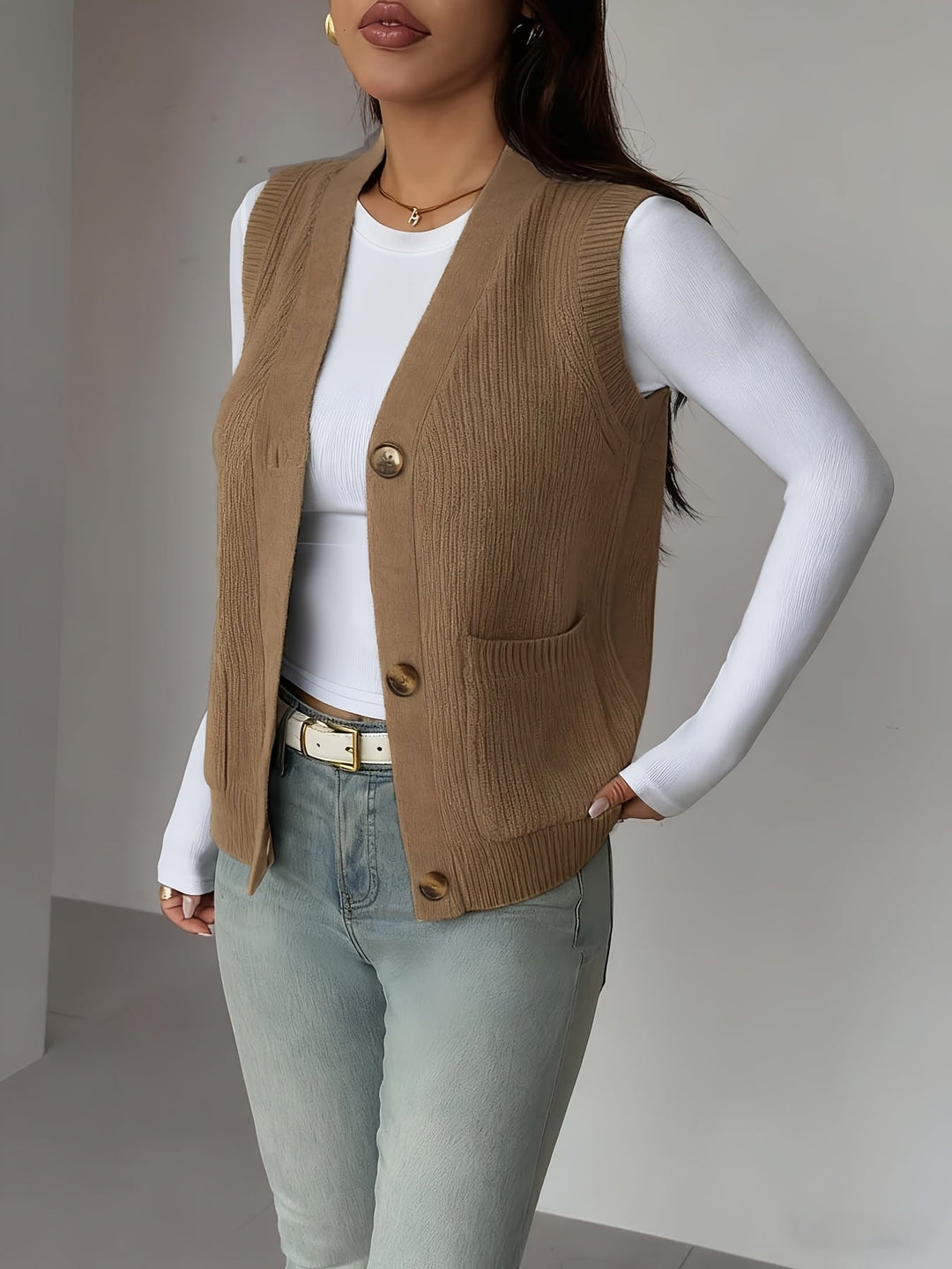 Deborah | Chic Buttoned V-Neck Knit Sweater Vest
