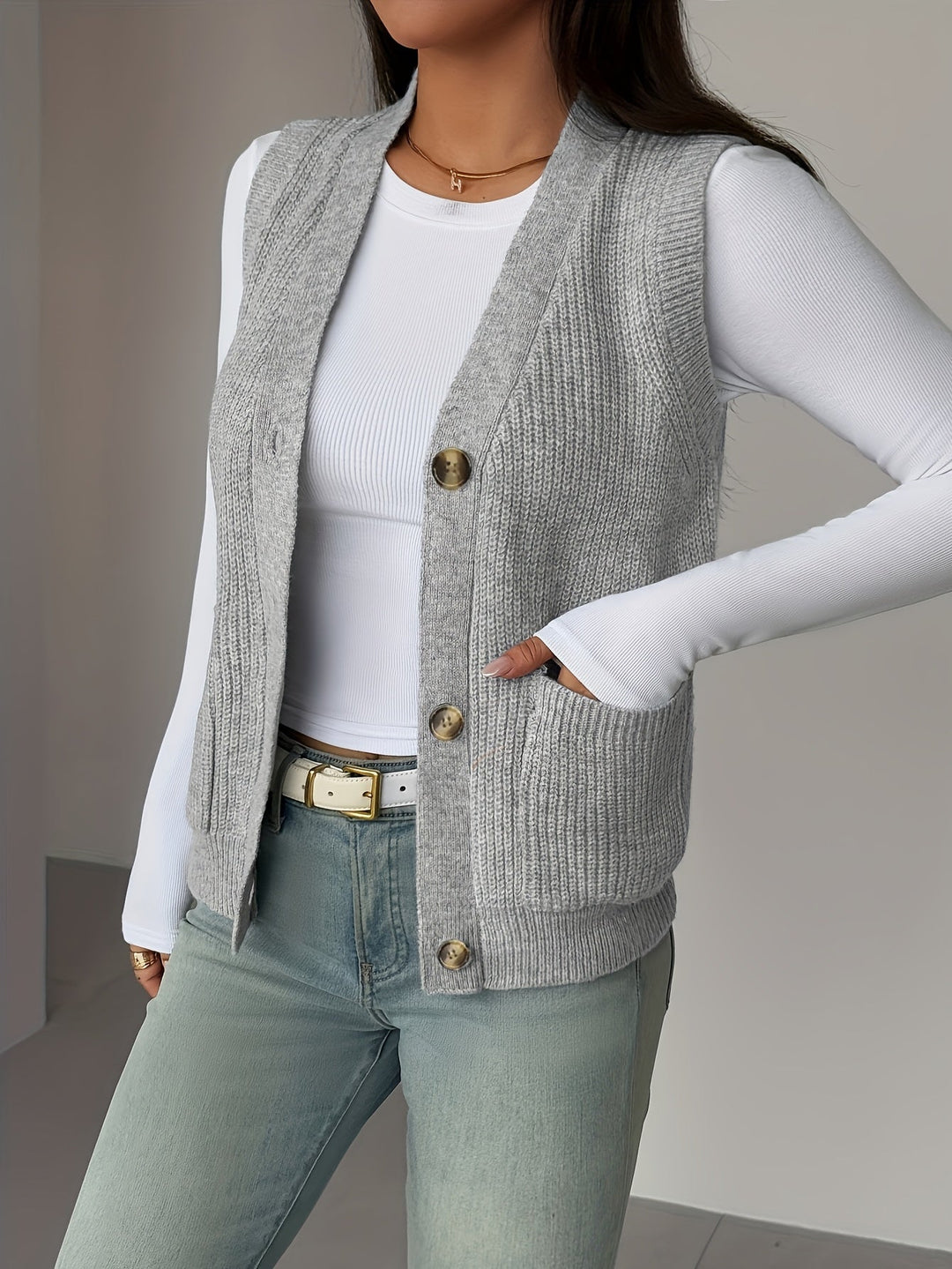 Deborah | Chic Buttoned V-Neck Knit Sweater Vest