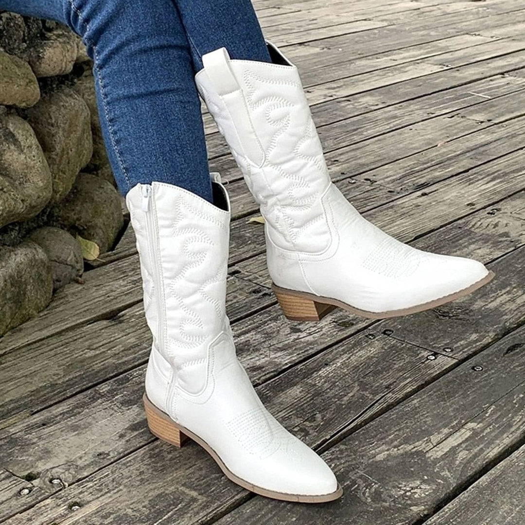 Deborah | Relaxed Embroidered Mid Calf Cowboy Boots