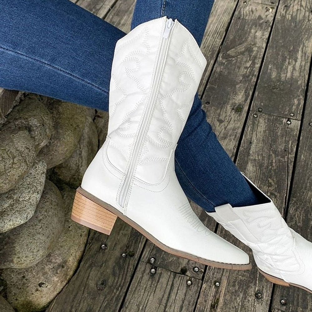Deborah | Relaxed Embroidered Mid Calf Cowboy Boots